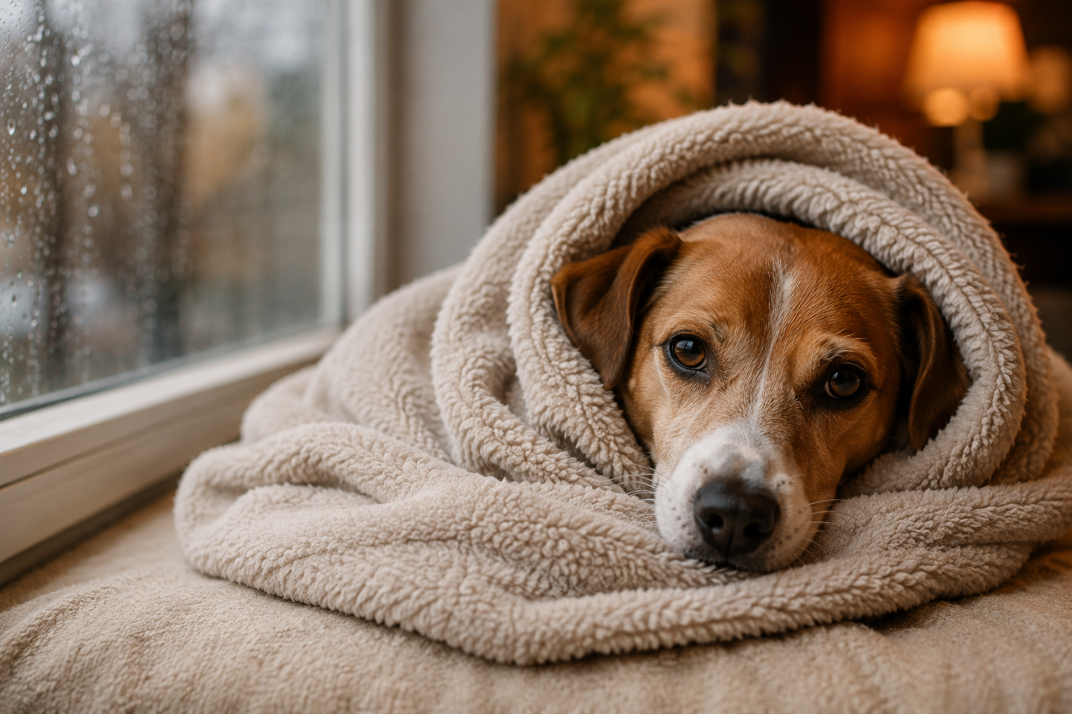 Cachorro enrolado em cobertor durante dia frio de inverno.